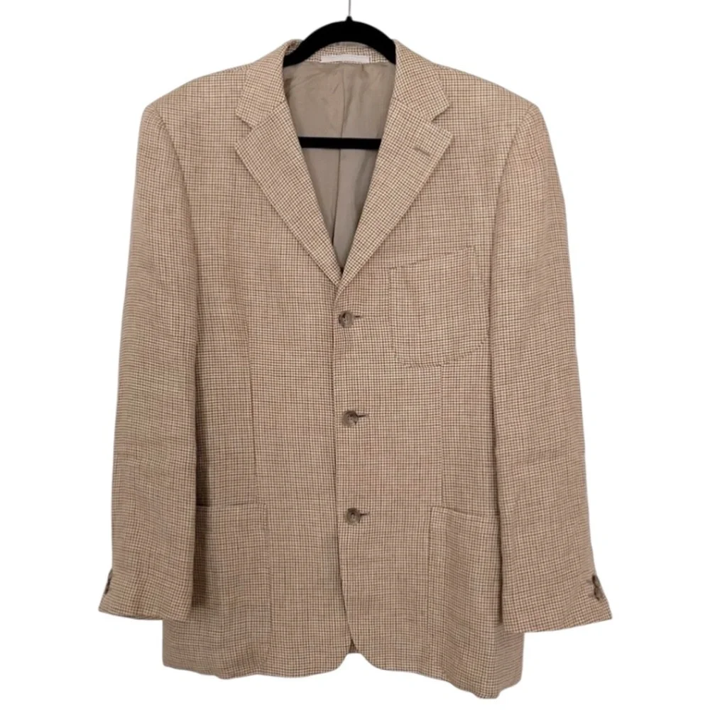 Ermenegildo Zegna Italian Linen Carmel Tan Beige Houndstooth Blazer Jacket 48R